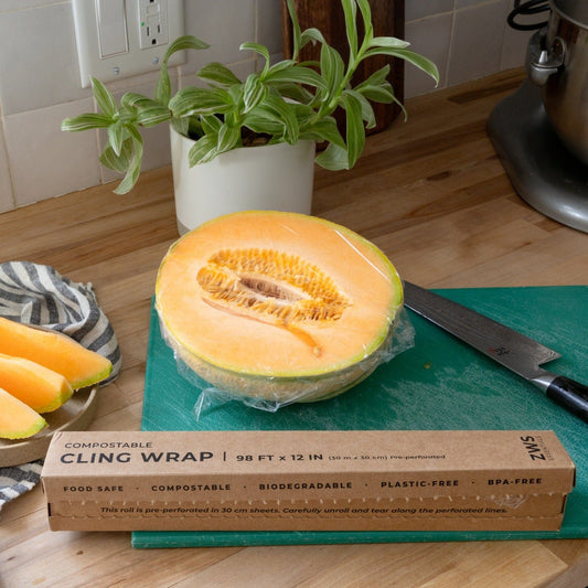 Compostable cling wrap by ZeroWasteStore.com, eco-friendly food wrap for covering and preserving food containers.