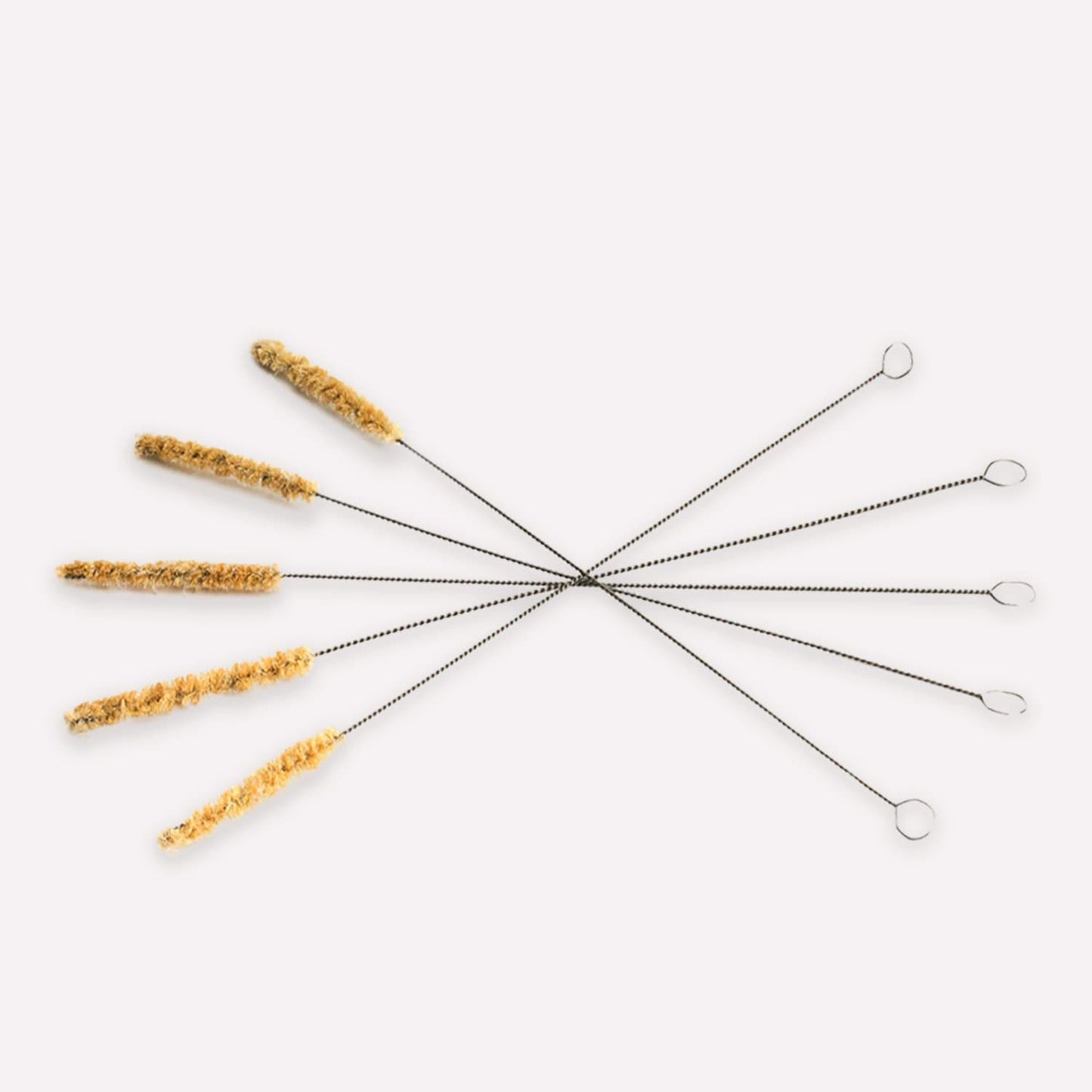Five ZeroWasteStore.com Straw Cleaners, each featuring a metal handle and agave fiber brush head, are arranged fan-like against a white background. Their plastic-free design makes them ideal for eco-friendly cleaning.