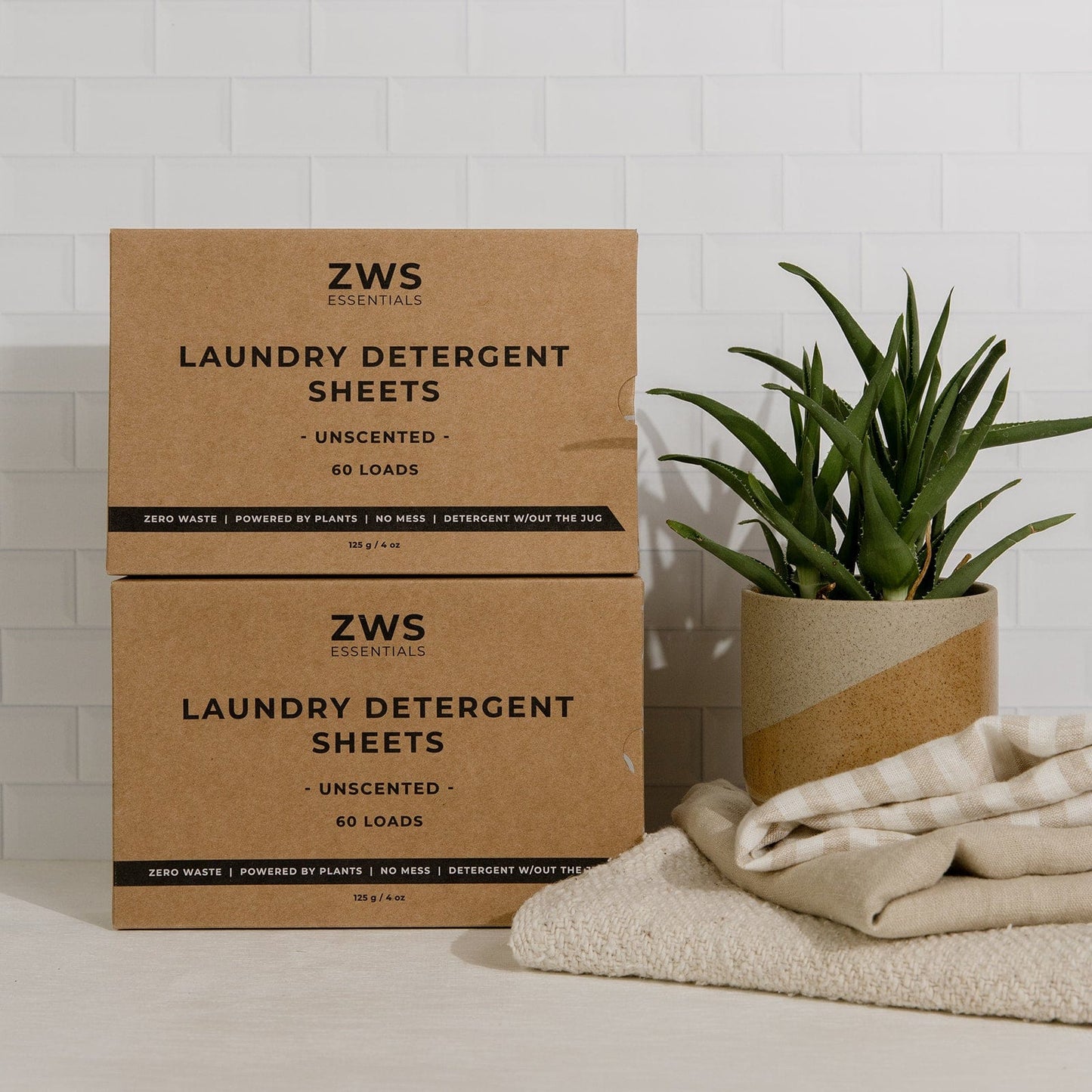 Two boxes of ZeroWasteStore.com’s Laundry Detergent Mini Kit sit beside a potted plant and beige towel. Each Unscented box provides 60 loads of eco-friendly, plastic-free detergent for a sustainable clean.