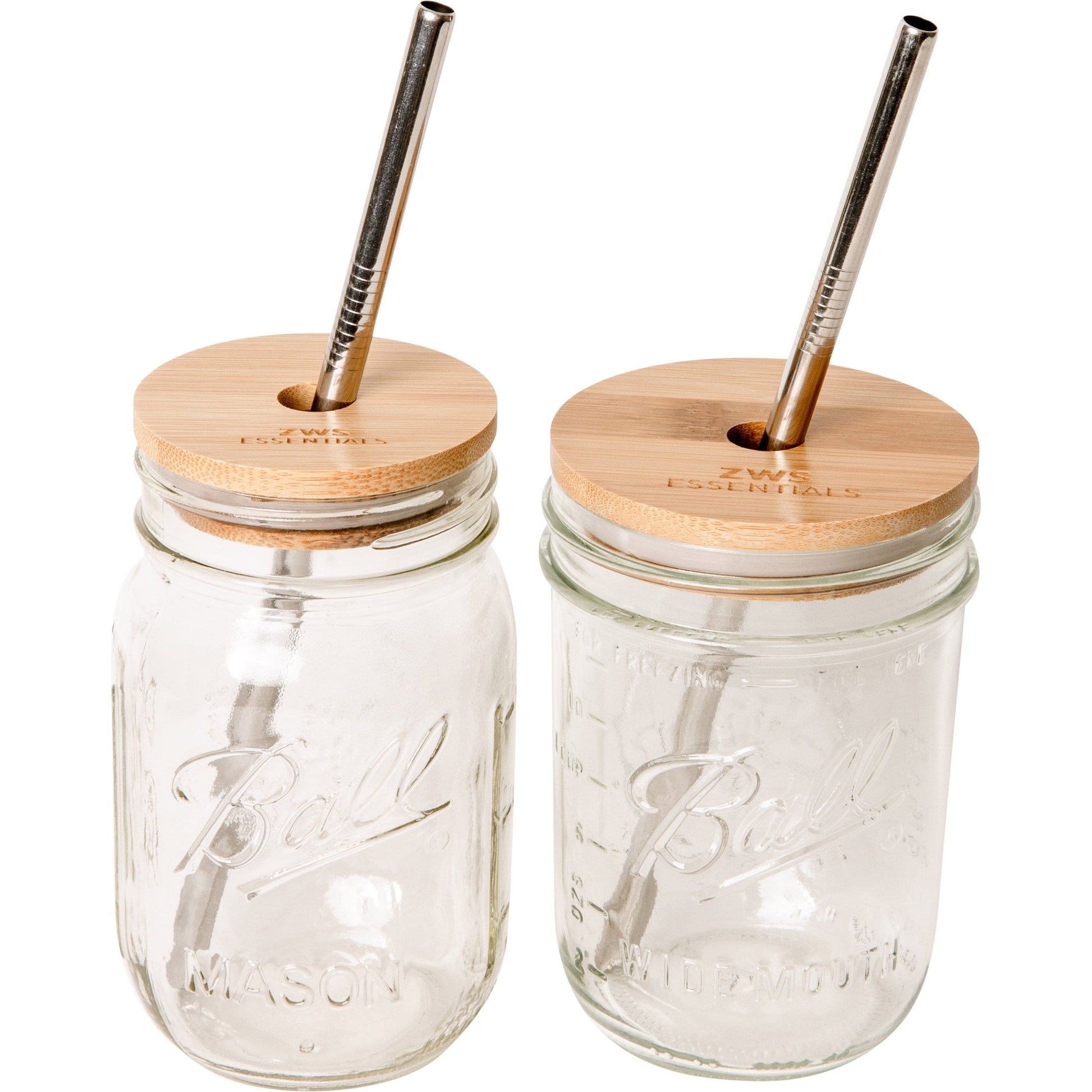The ZeroWasteStore.com Mason Jar Kit features two clear mason jars with Ball embossing, each topped with a bamboo lid and stainless steel straw. The empty jars are side by side, displaying this stylish eco-friendly set.