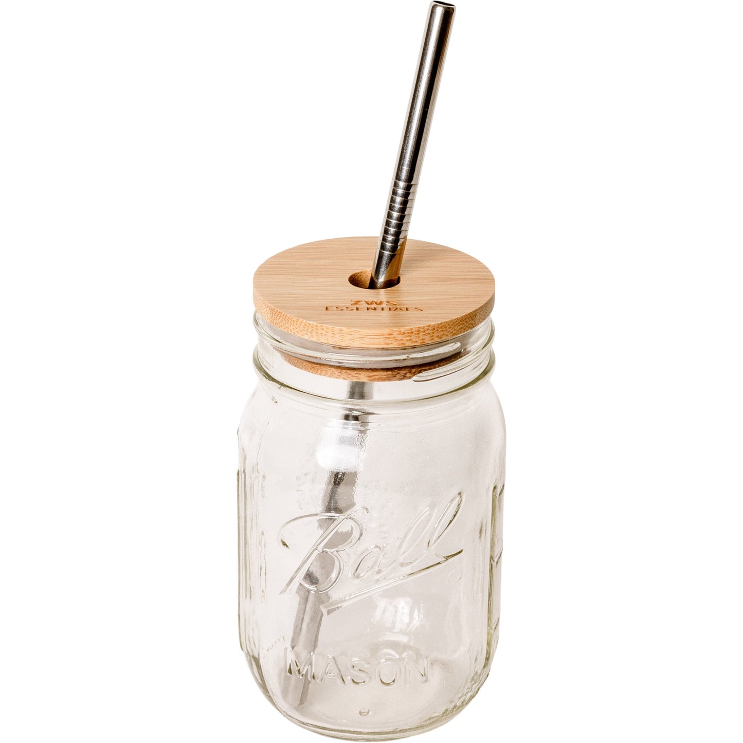 The ZeroWasteStore.com Mason Jar Kit—featuring a clear mason jar, bamboo lid, and stainless steel straw—stands upright on a white background, its empty form showcasing the kit’s simple, stylish design.