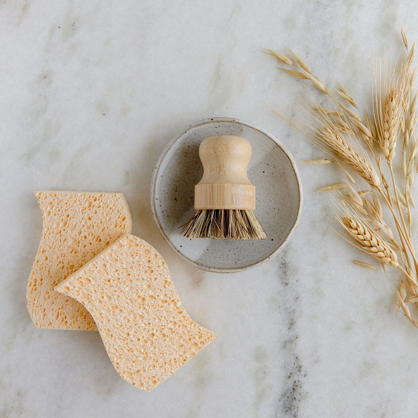 The Dish Sponge Mini Kit by ZeroWasteStore.com, featuring two yellow zero-waste sponges and a round pot scrubbing brush in a small gray dish, is displayed with dried wheat stalks on a white marble surface.
