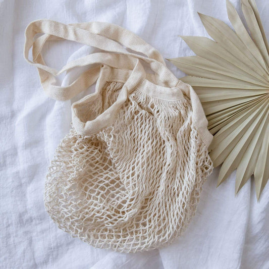 Organic cotton string shopping tote by ZeroWasteStore.com, eco-friendly mesh market bag, plastic-free zero waste shopping tote