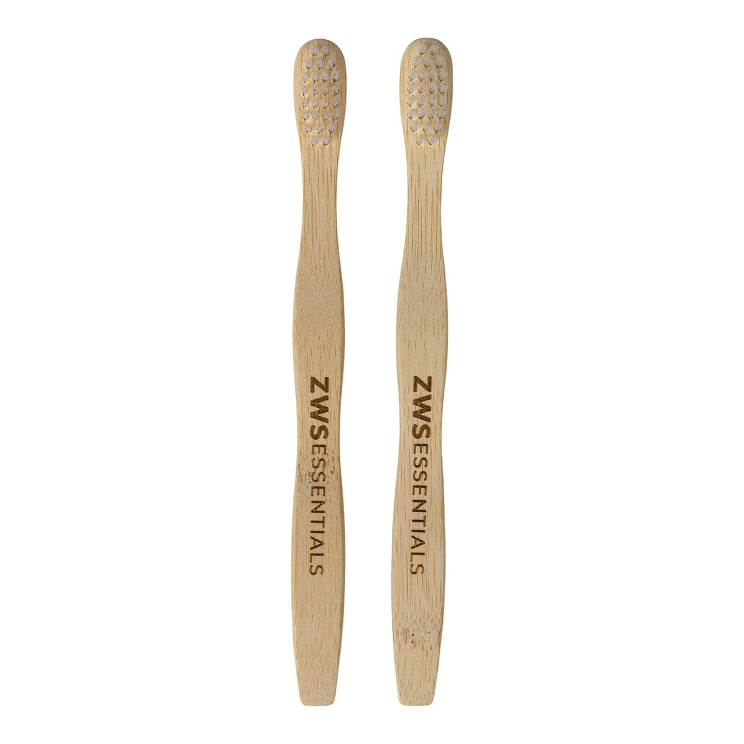 Two ZeroWasteStore.com Bamboo Toothbrush - Child brushes with light bristles stand upright side by side, each handle engraved “ZWSESSENTIALS,” set against a plain white background.