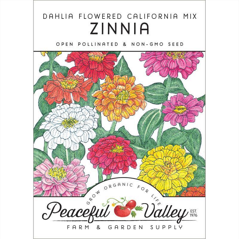Pack of Grow Organic Zinnia California Mix flower seeds, showing colorful mixed Zinnia flowers ready for planting