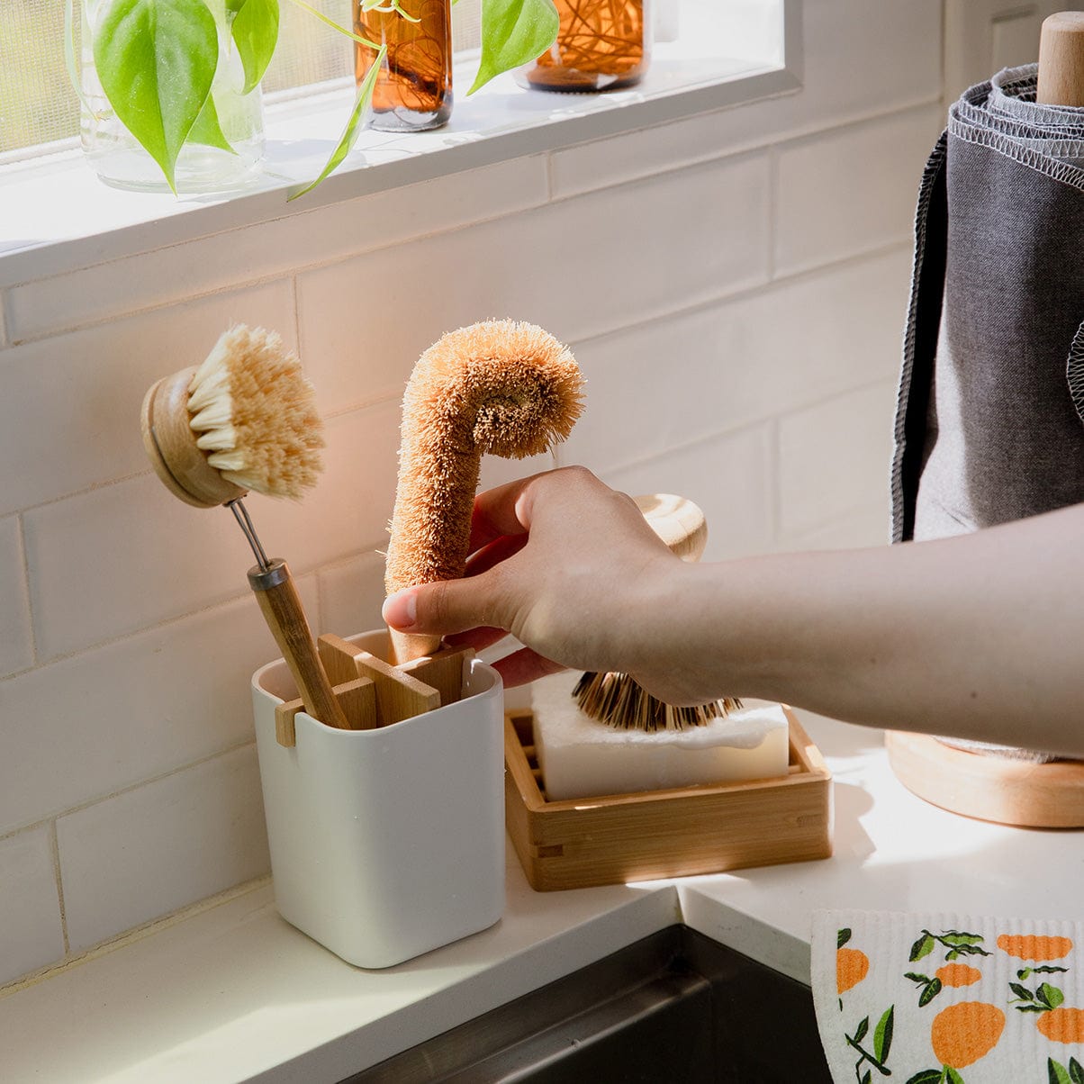 A hand reaches for the ZeroWasteStore.com Bottle Cleaning Brush among other wooden brushes and a towel in a sunlit kitchen by a window with plants and bottles.