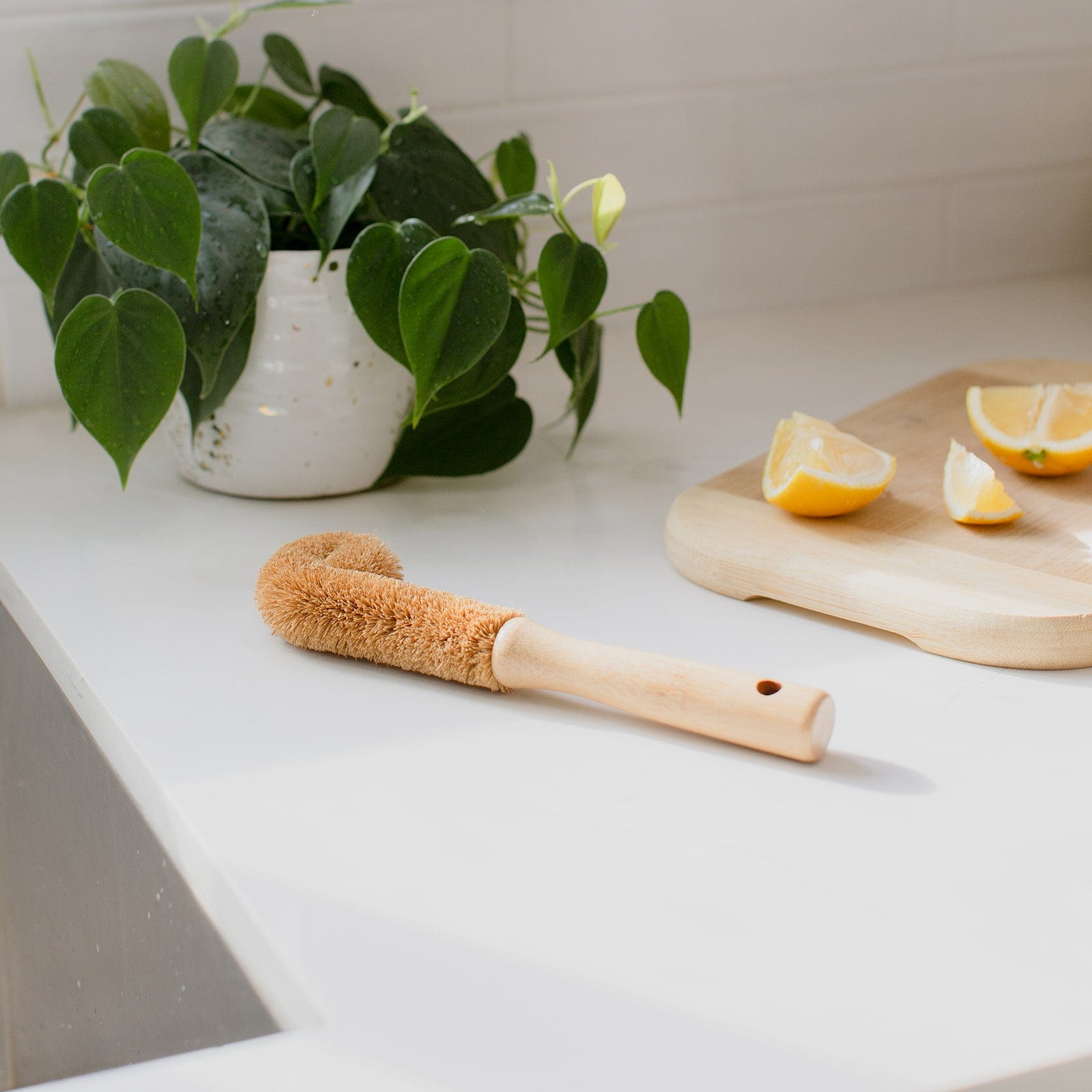 The ZeroWasteStore.com Bottle Cleaning Brush with brown bristles sits on a white countertop by a sink. A green potted plant and a wooden cutting board with sliced lemons enhance the eco-friendly vibe.