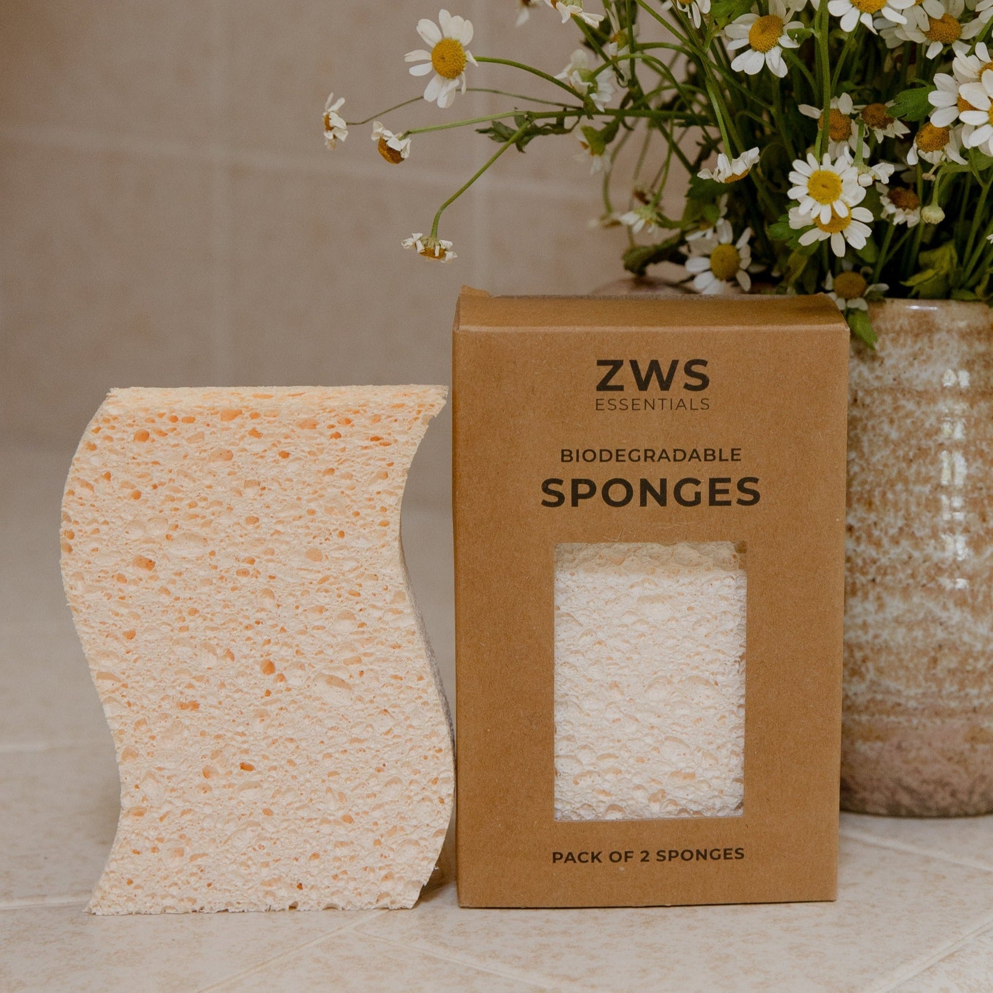 A biodegradable Cellulose Kitchen Sponge sits beside its brown box labeled “ZeroWasteStore.com,” with a cutout revealing the wood pulp sponge inside. A vase of flowers adds a bright touch to the background.