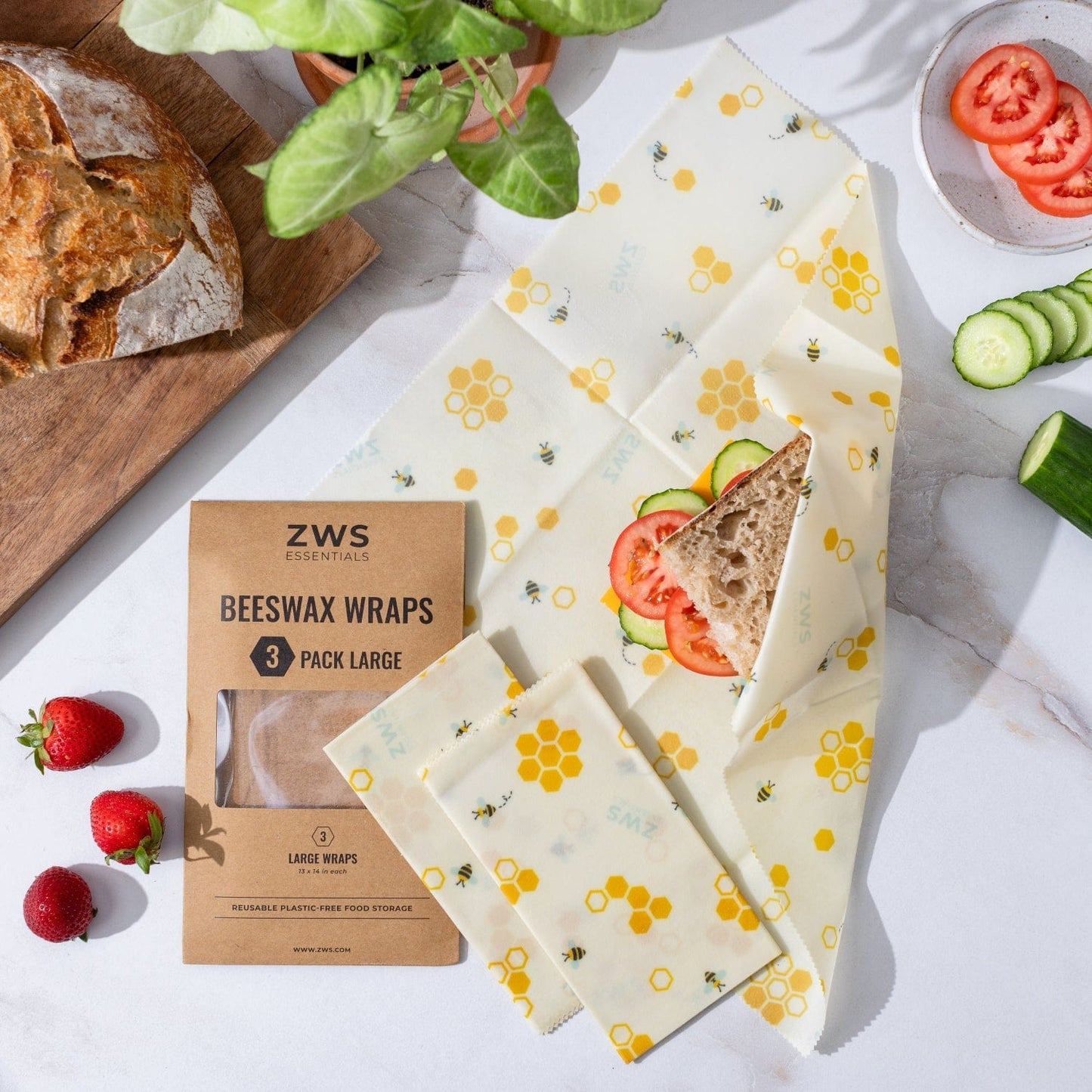 Assorted beeswax wraps for food storage with honeycomb pattern, eco-friendly plastic-free wraps from ZeroWasteStore.com