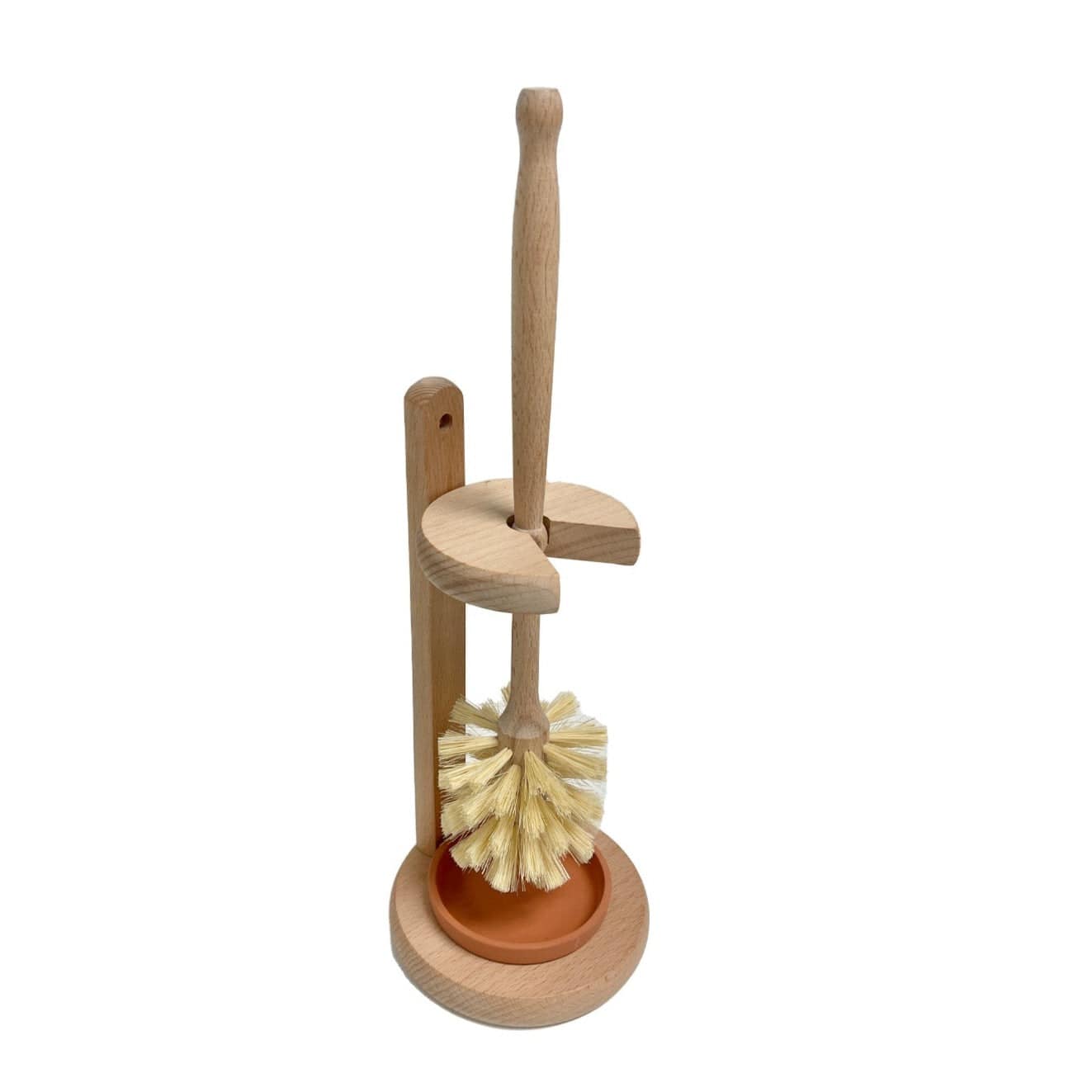 The Plastic-Free Toilet Brush by ZeroWasteStore.com features light bristles and a beech wood handle, standing upright in a matching round holder—an elegant, eco-friendly addition for your bathroom.