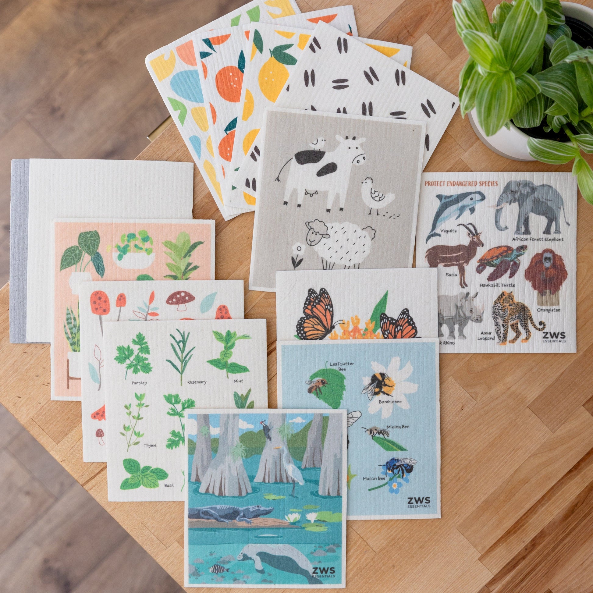ZeroWasteStore.com Swedish Dish Cloths in colorful plant, animal, fruit, and nature designs are displayed on a wooden table beside a green potted plant—an eco-friendly, reusable alternative to paper towels.