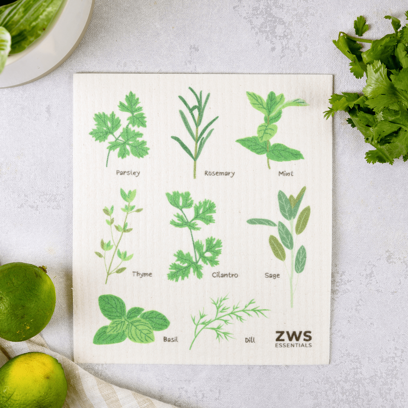 The ZeroWasteStore.com Swedish Dish Cloth features herb designs and serves as an eco-friendly, reusable paper towel alternative for your kitchen.
